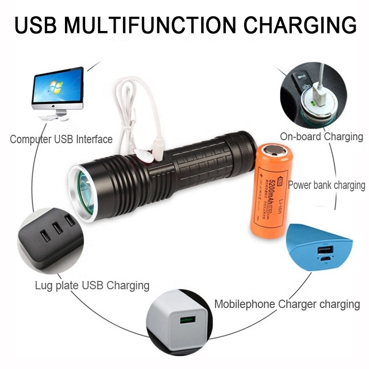 Aluminum Torch 1000 lumen USB Rechargeable 10W T6 LED Flashlight