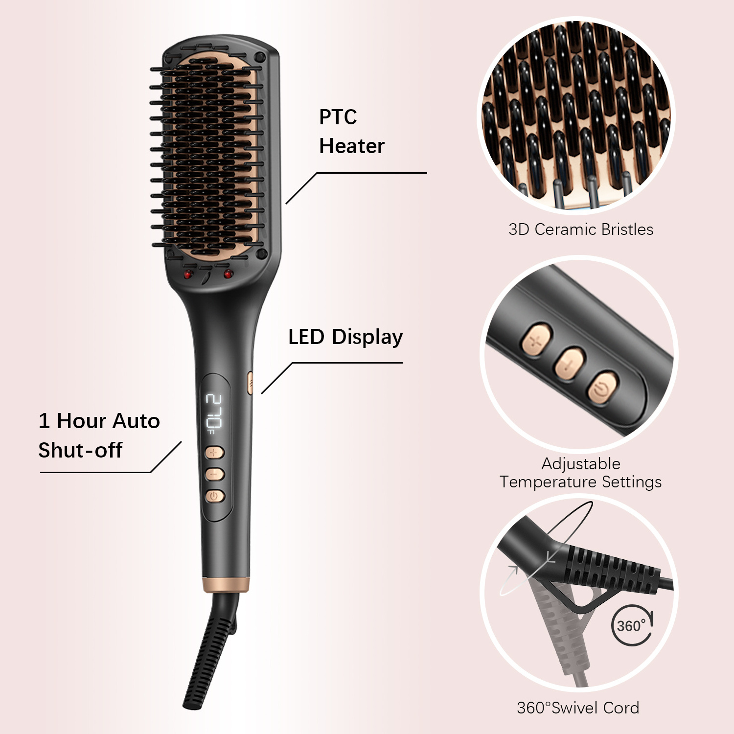 Hot Hair Straightening Brush Ionic Function for Choice PTC Heater Hair Straightener Comb with Ceramic Bristle