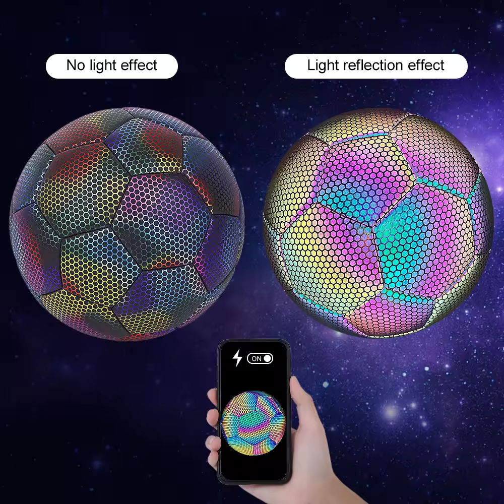 Custom wear-resistant size 5 pu leather holographic reflective glow in the dark soccer ball football