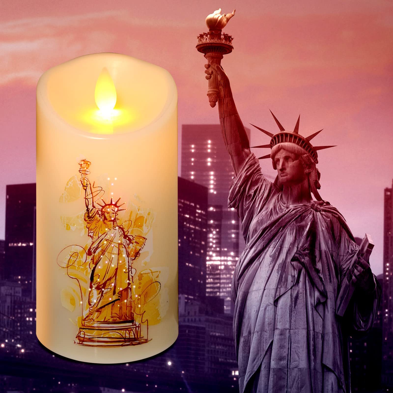 KSWING Flameless Fiber Optic Candles,  Flameless Candles with Statue of Liberty, Battery Operated Candles Light