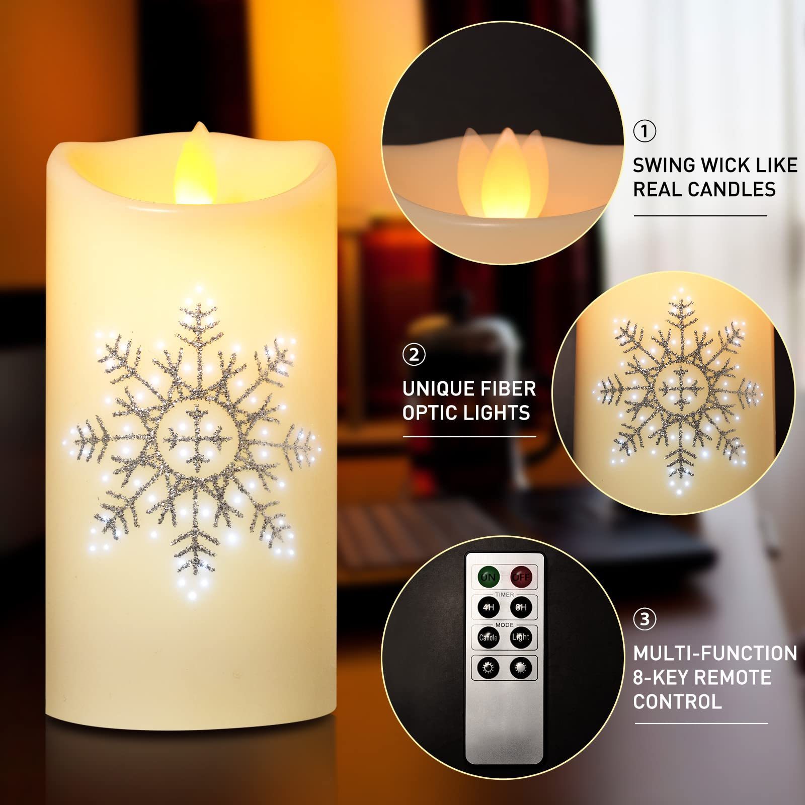 KSWING Flameless Fiber Optic Candles,  Flameless Candles with Silver Snowflake, Battery Operated Candles Light