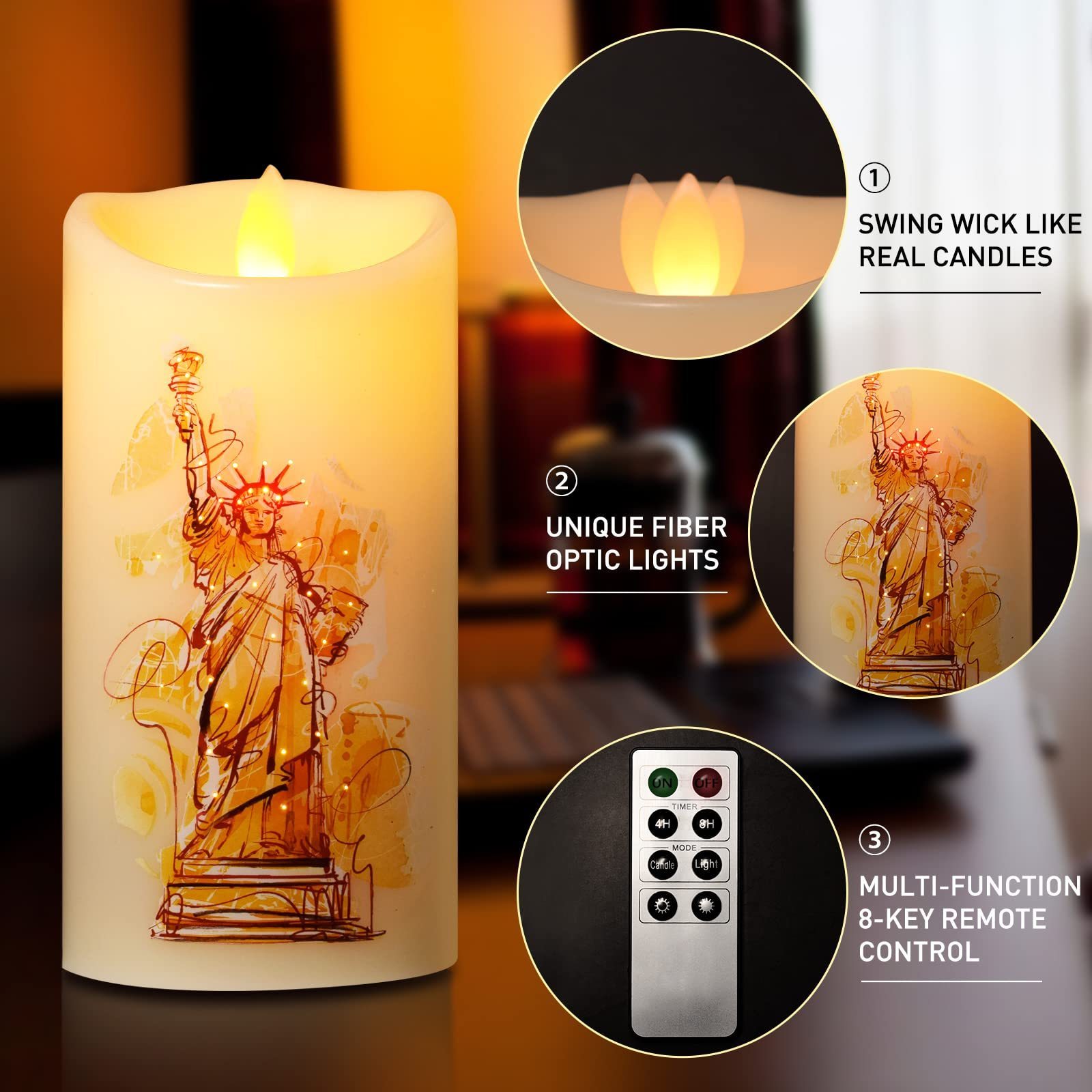 KSWING Flameless Fiber Optic Candles,  Flameless Candles with Statue of Liberty, Battery Operated Candles Light