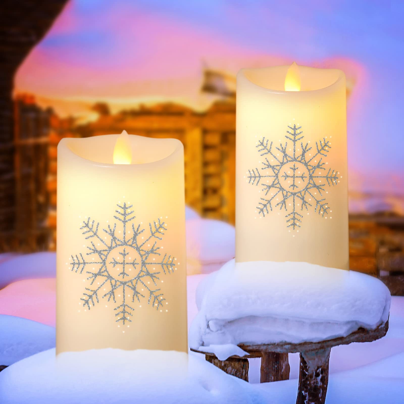 KSWING Flameless Fiber Optic Candles,  Flameless Candles with Silver Snowflake, Battery Operated Candles Light