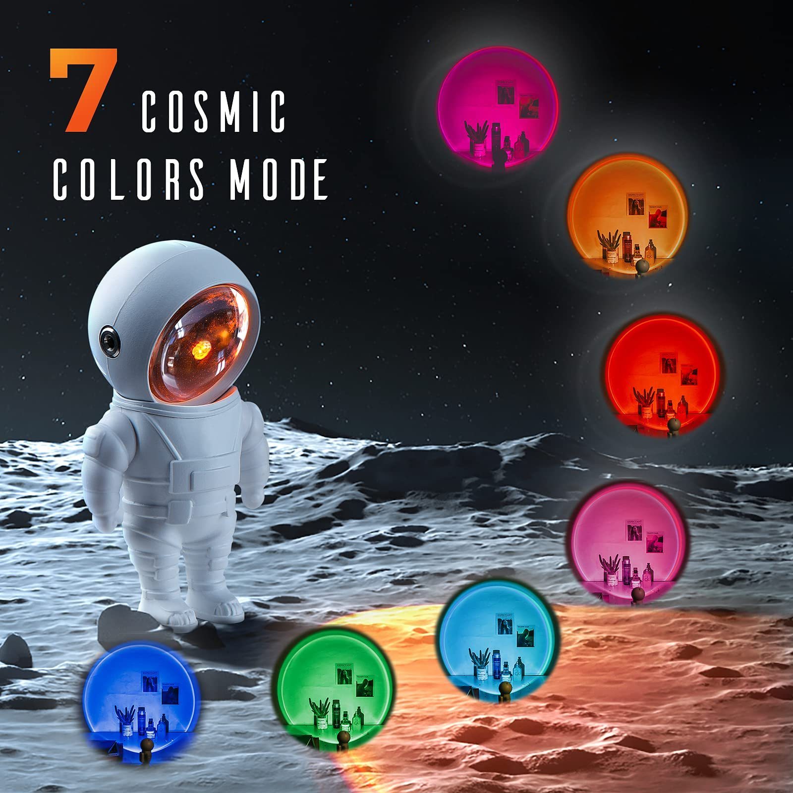 KSWING Astronaut Sunset Projector Night Light 7 Colors Mode & Built-in Battery Lights 360 Rotating Head Cosmonaut Lamp