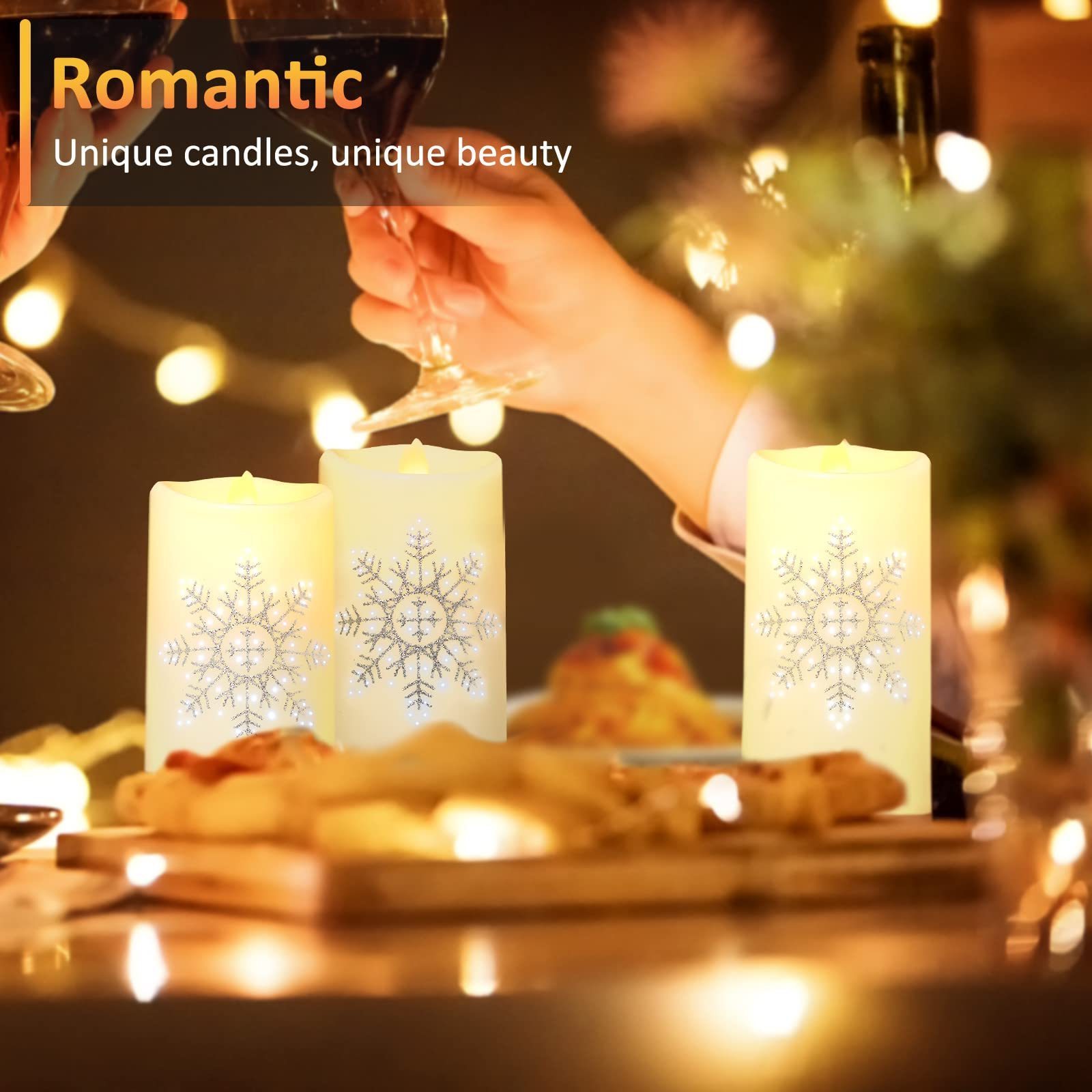 KSWING Flameless Fiber Optic Candles,  Flameless Candles with Silver Snowflake, Battery Operated Candles Light