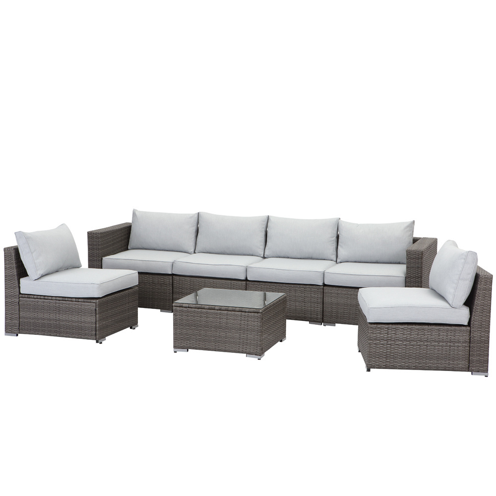 7 Piece Outdoor Furniture Set, Patio Sectional Sofa for Garden Backyard, Modular Wicker Couch with Glass Table