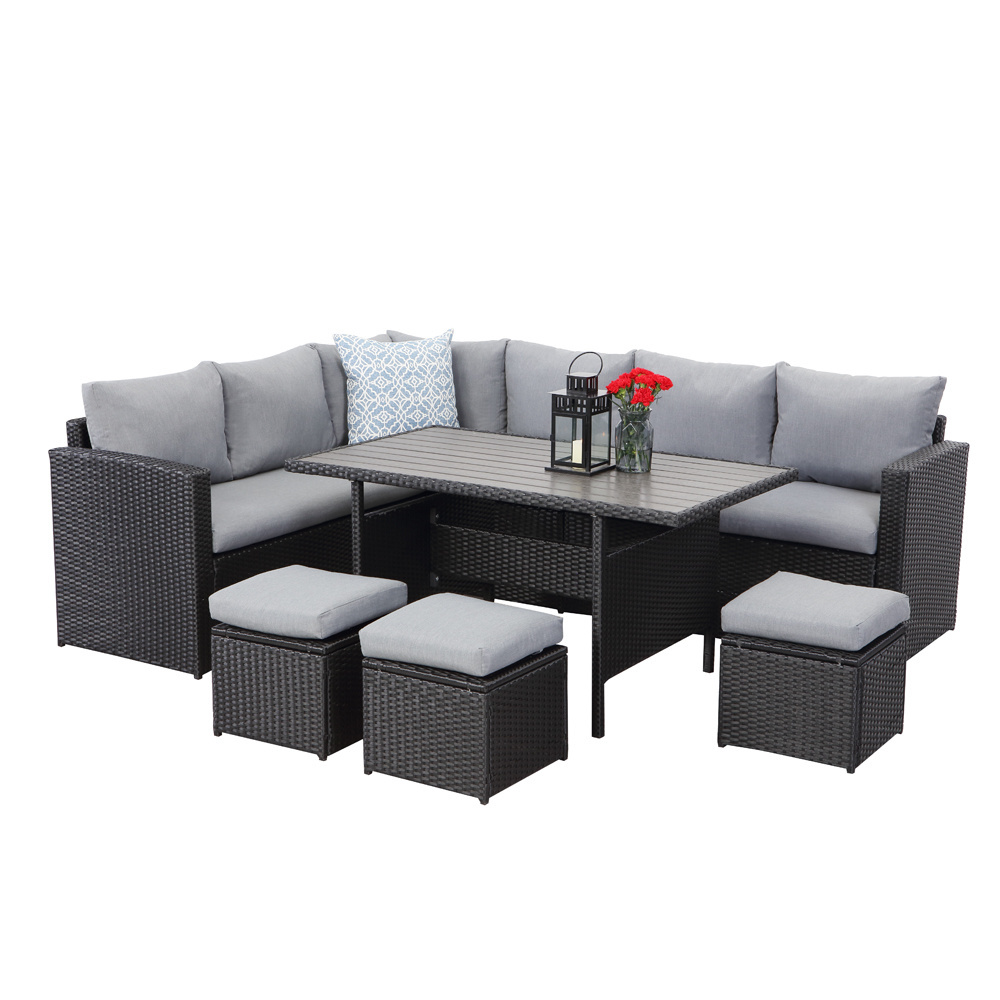 Patio Furniture Set 7 Piece Outdoor Dining Sectional Sofa Couch with Dining Table and Chair All Weather Deck Wicker