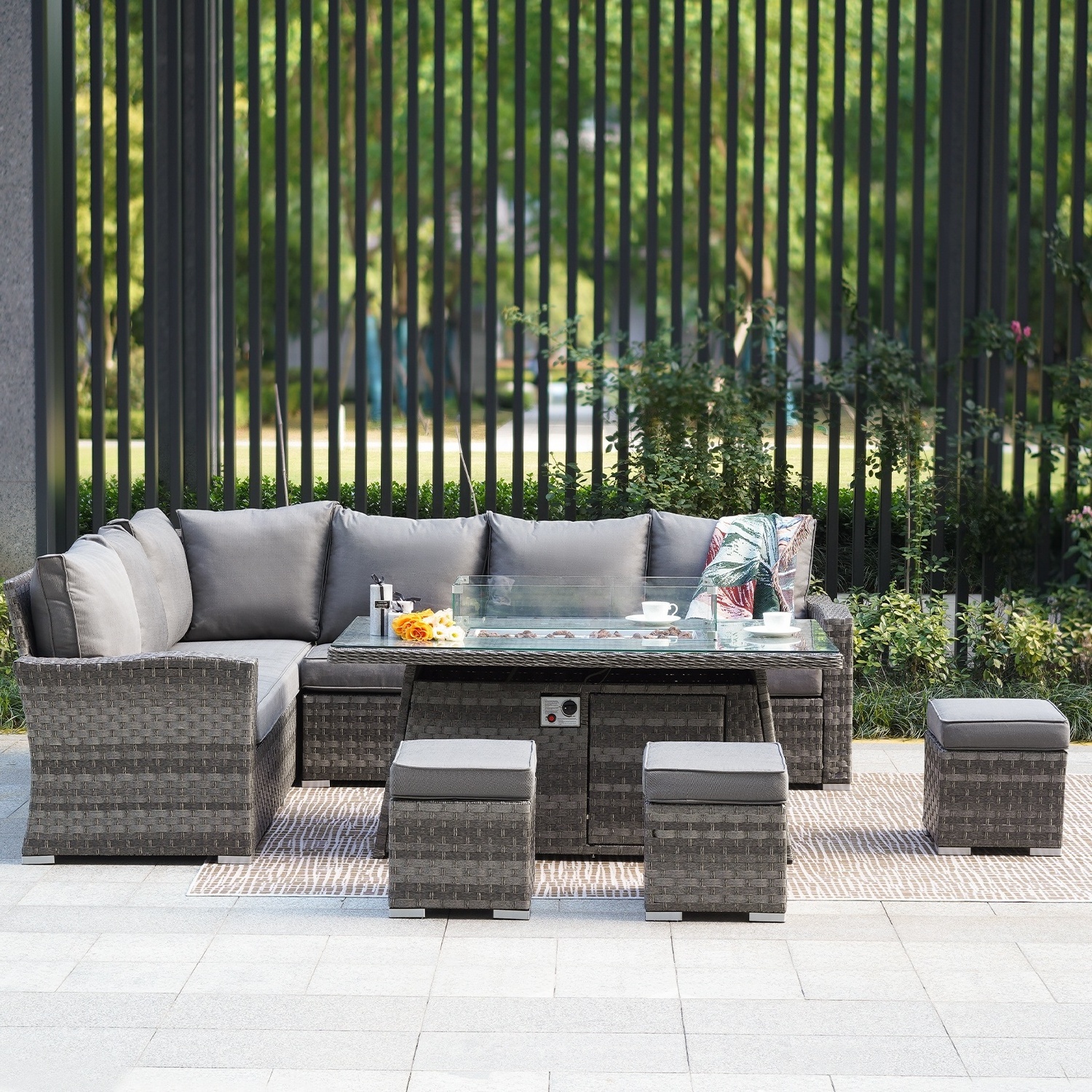 Garden Romantic Design Long L Size Sofa with Rising Fire Pit Dining Table Outdoor Furniture Set