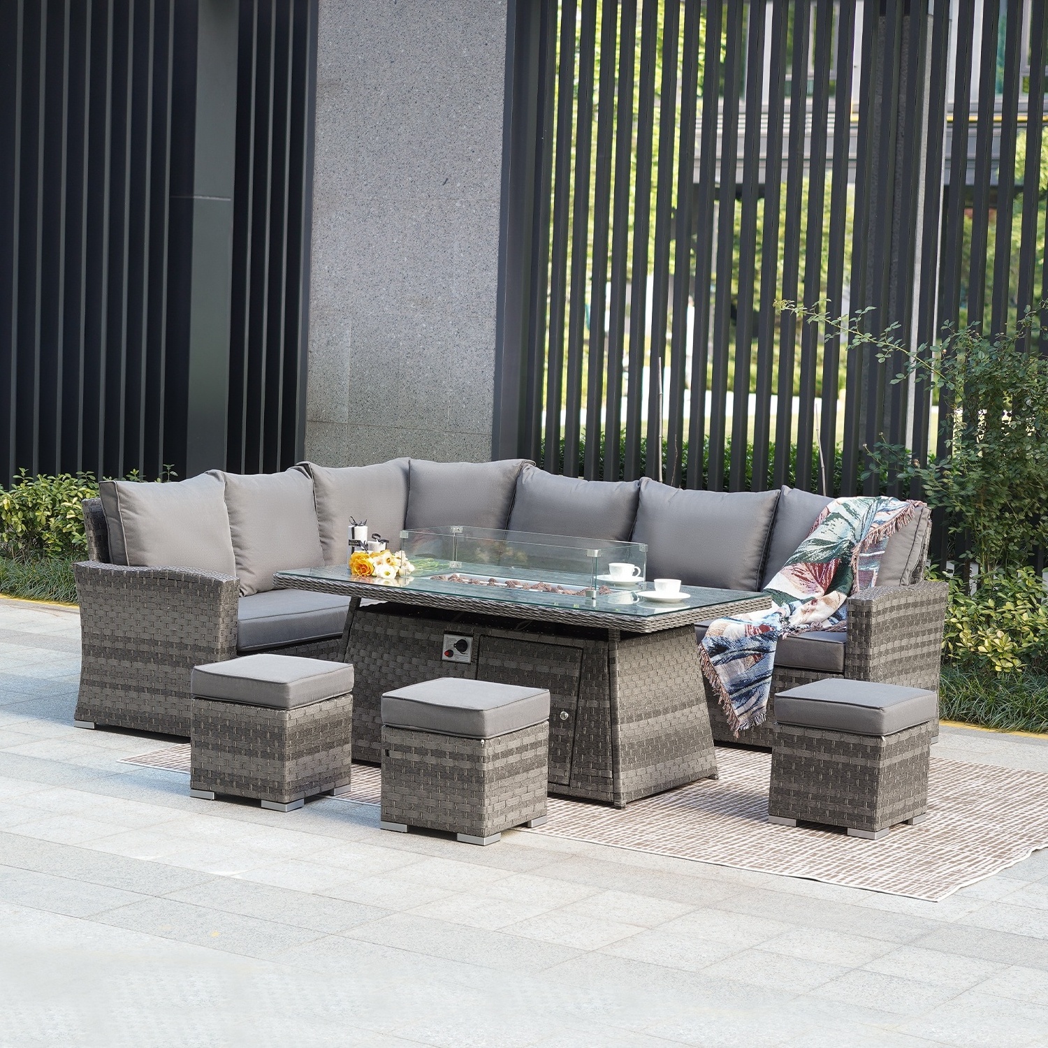 Garden Romantic Design Long L Size Sofa with Rising Fire Pit Dining Table Outdoor Furniture Set