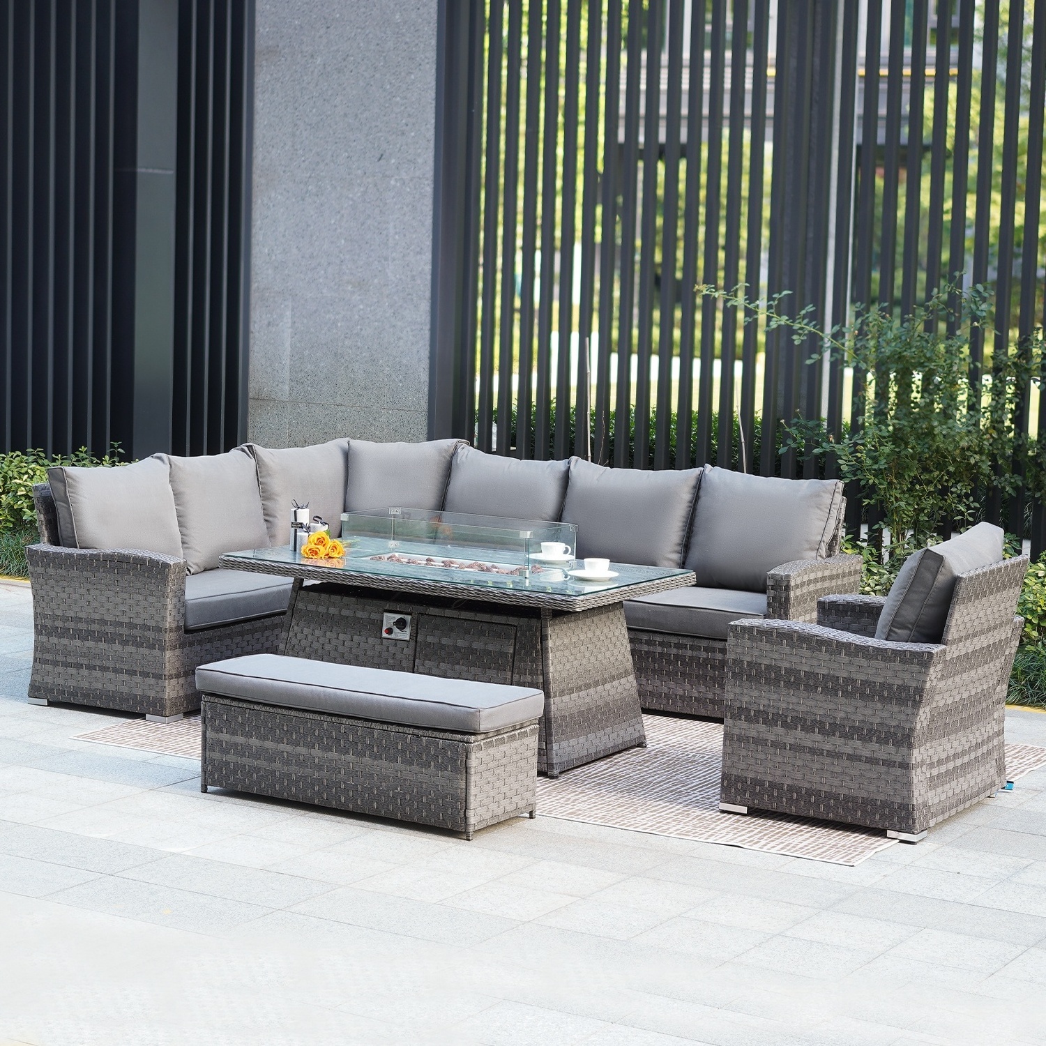 Garden Romantic Design Long L Size Sofa with Rising Fire Pit Dining Table Outdoor Furniture Set