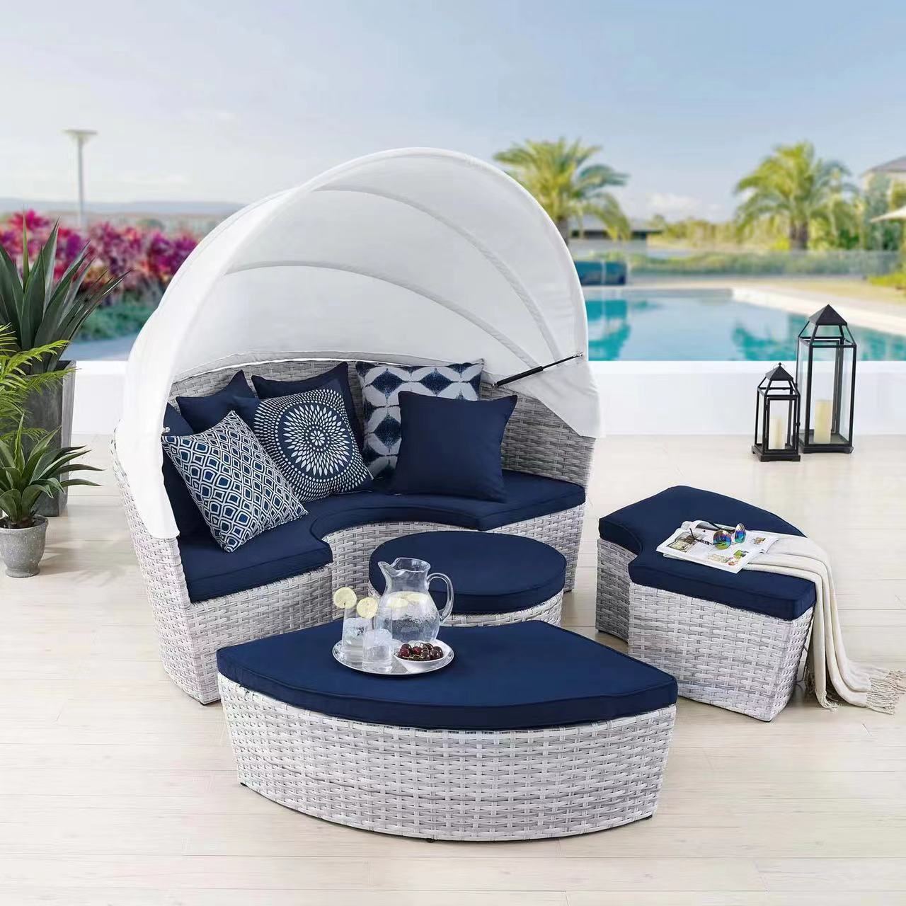 Rattan Outdoor Round Sectional Sunbed with Canopy Daybed