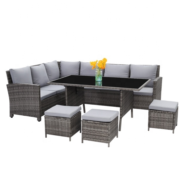 Patio Hot Classic Style Outdoor Garden Wholesale Furniture Dark Grey PE Rattan Dining Table Sectional Sofas Set