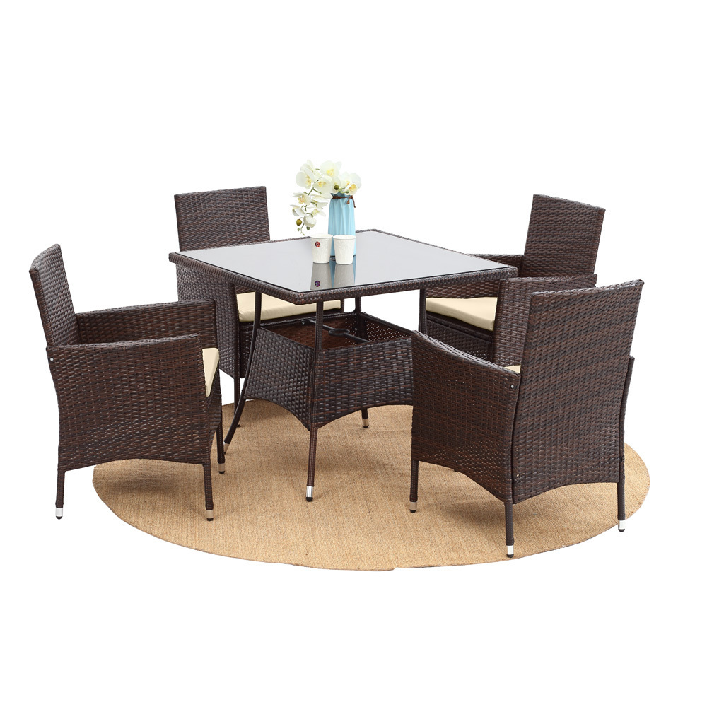 2020 Synthetic PE Rattan Outdoor Square Dining Table and Chair with Umbrella Hole