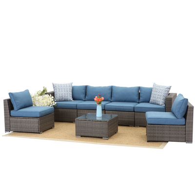 7 Piece Outdoor Furniture Set, Patio Sectional Sofa for Garden Backyard, Modular Wicker Couch with Glass Table