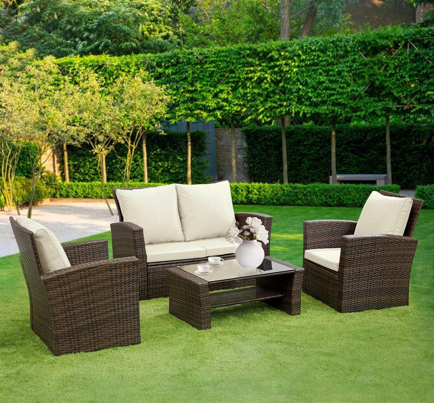 Rattan Outdoor Garden Patio/Conservatory 4 Seater Sofa and Armchair set with Cushions and Coffee Table