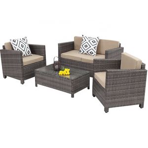 4 Piece Garden Rattan Wicker Loveseat Sofa and Coffee Table Patio Set