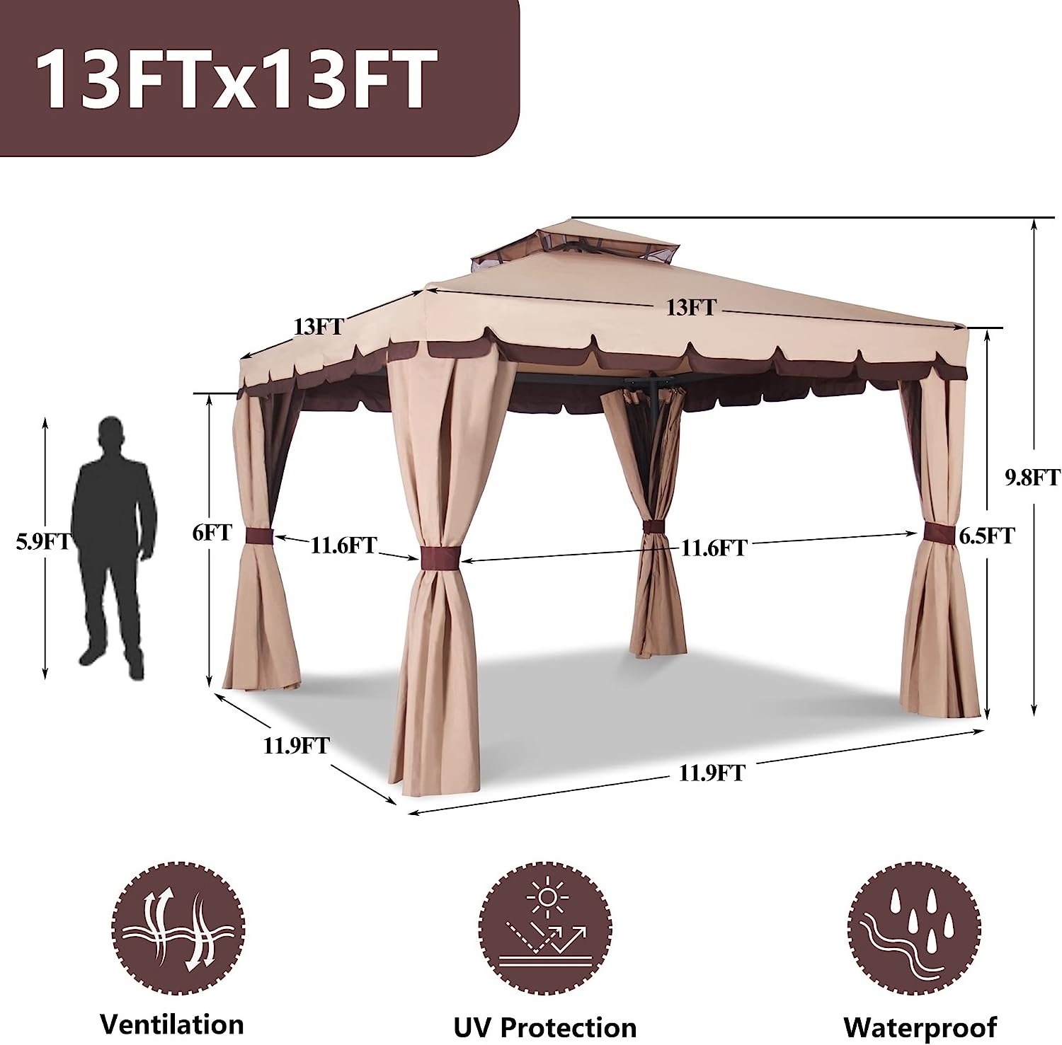 Factory Price Big Size Wooden Garden Wood With Roof Metal Frame Gazebo