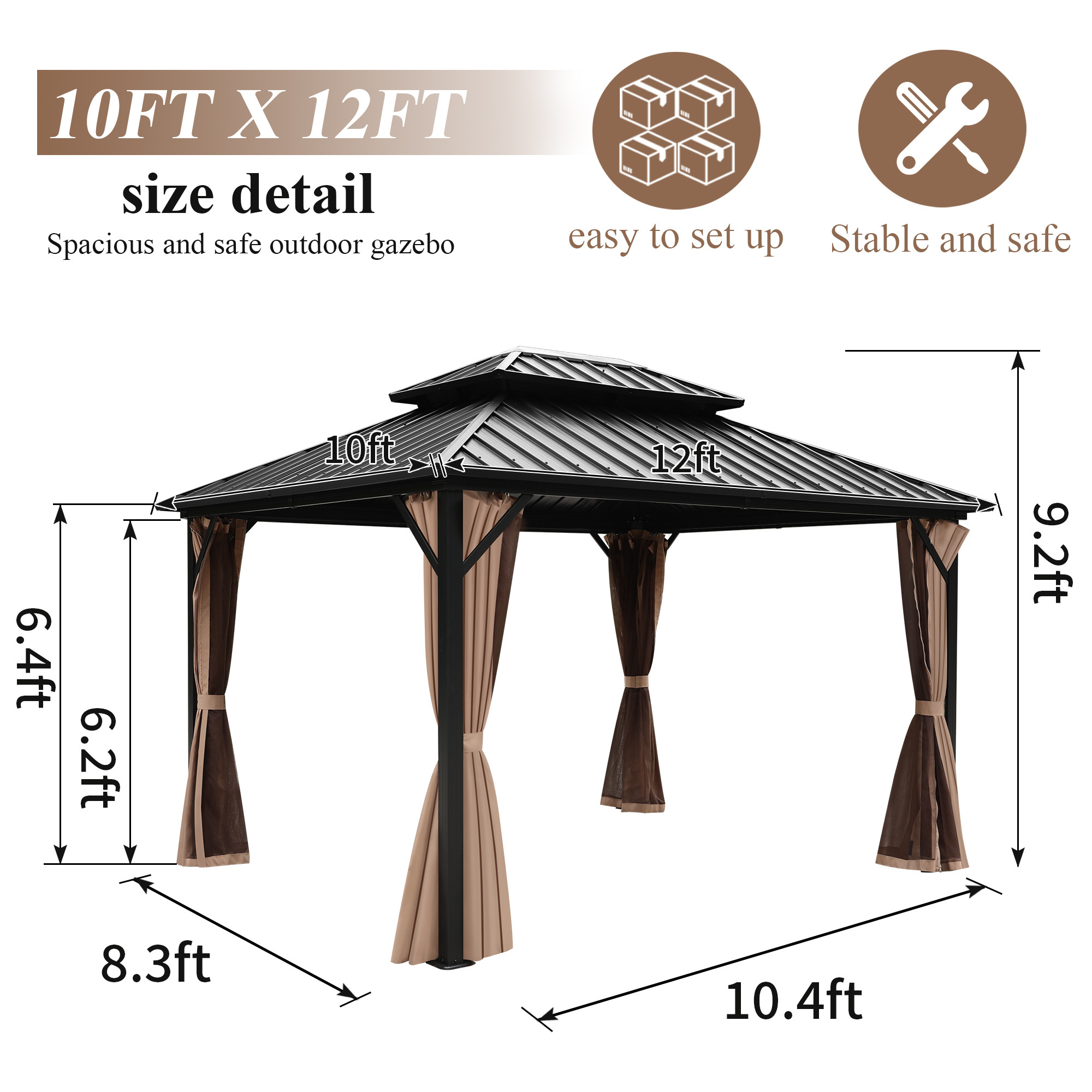 Kozen 10' x12' Hardtop Gazebo Canopy with Galvanized Steel Double Roof,  Outdoor Gazebo with Netting and Curtains