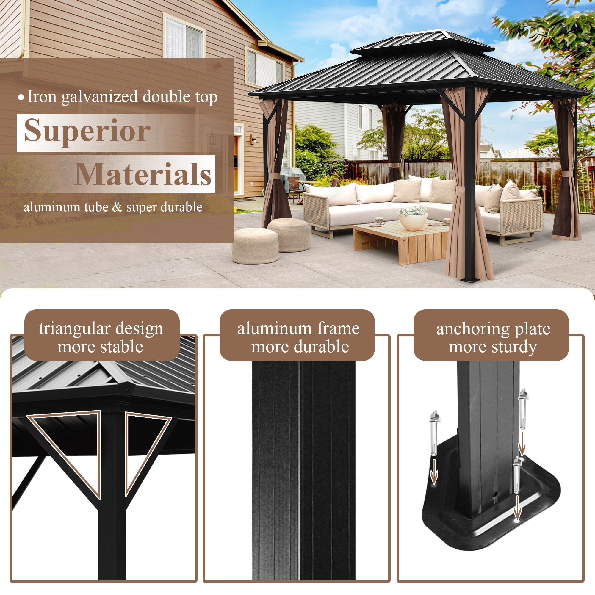 Kozen 10' x12' Hardtop Gazebo Canopy with Galvanized Steel Double Roof,  Outdoor Gazebo with Netting and Curtains