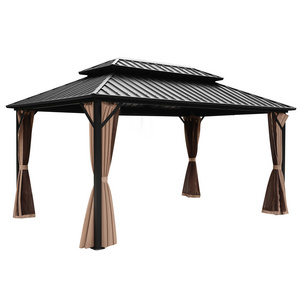 Kozen 12' x16' Hardtop Gazebo Outdoor Aluminum Gazebos Wood Grain with Galvanized Steel Double Canopy for Patios