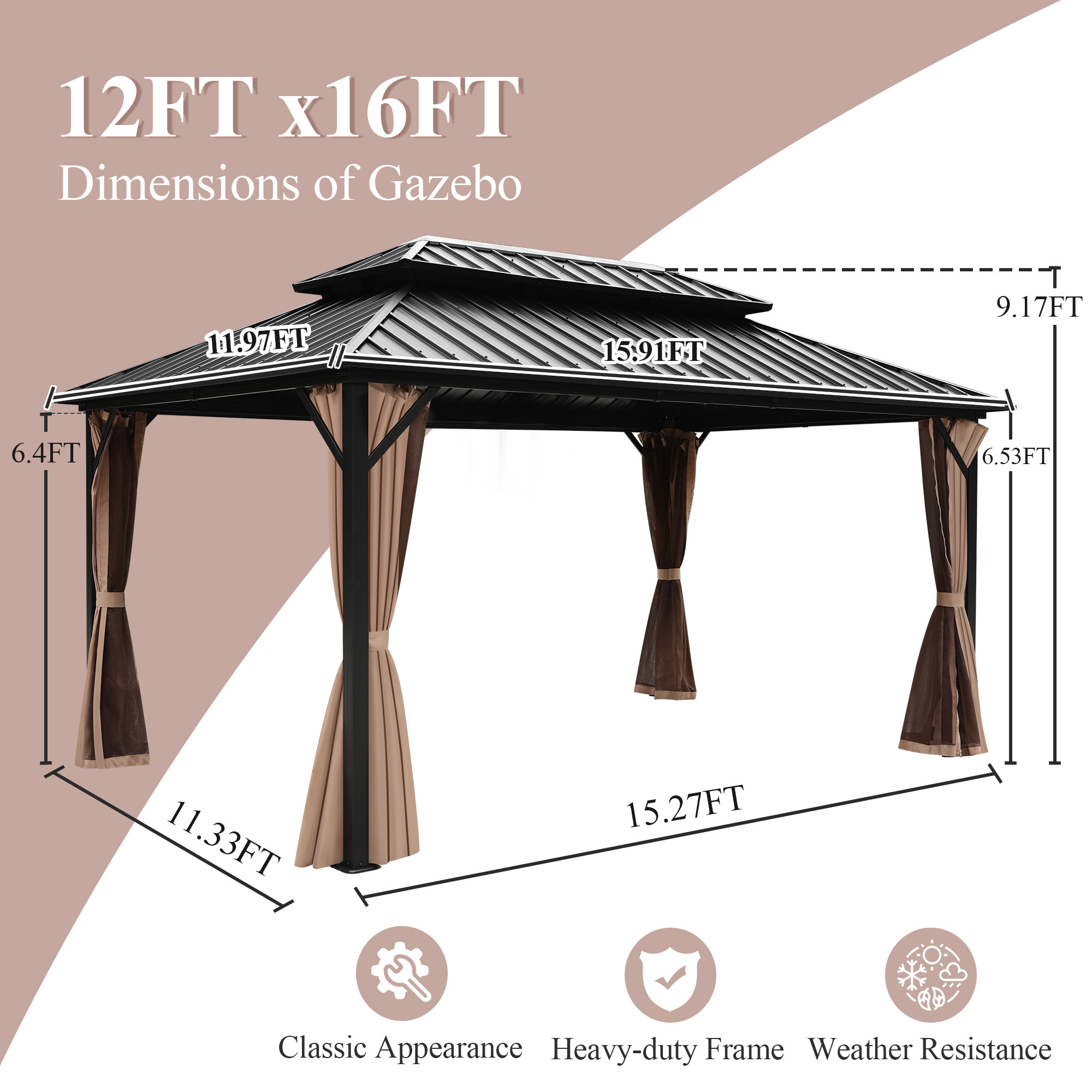 Kozen 12' x16' Hardtop Gazebo Outdoor Aluminum Gazebos Wood Grain with Galvanized Steel Double Canopy for Patios