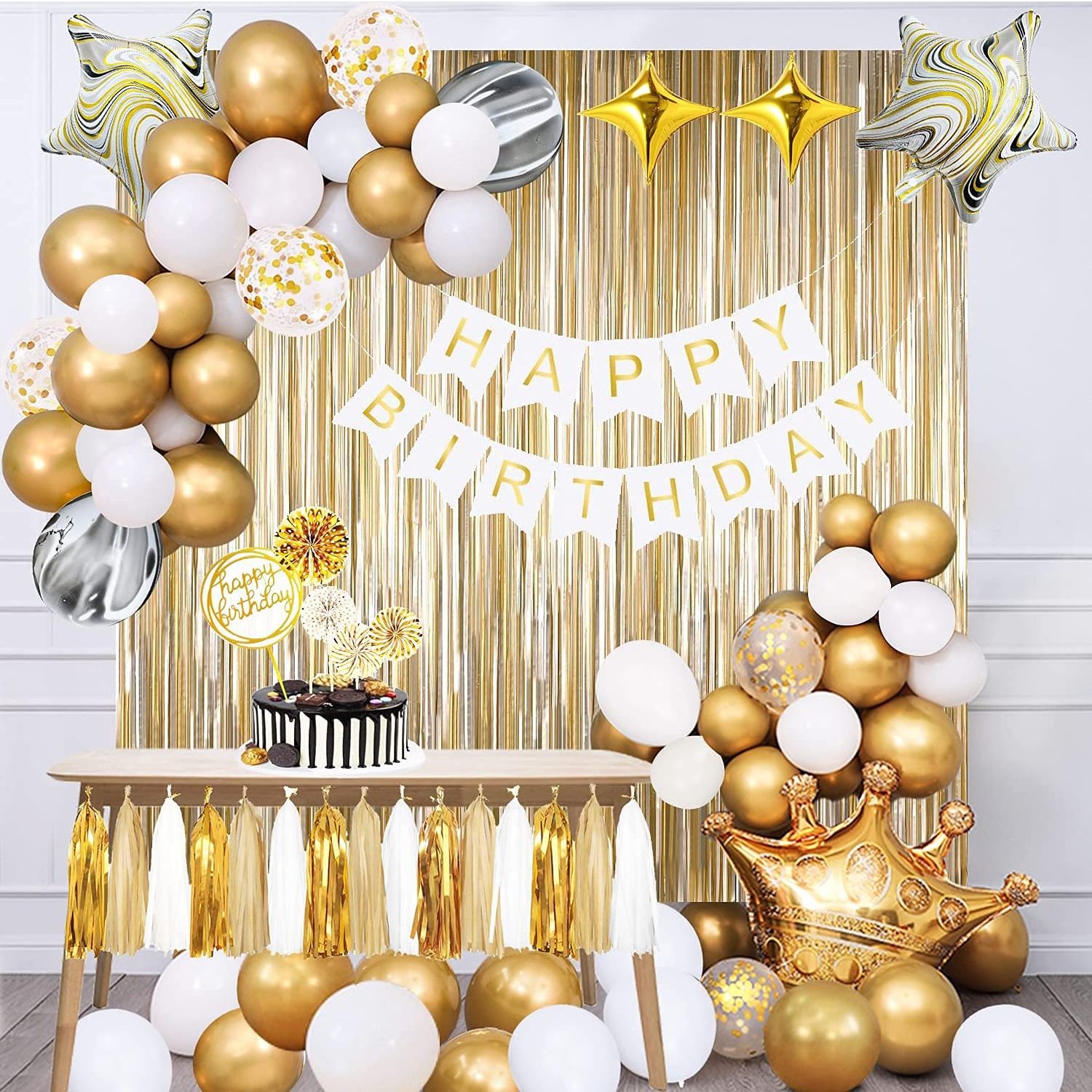 Gold Birthday Decorations Gold Party Decorations Set with Birthday Banner Confetti Balloons Gold Foil Background Tassel Garland