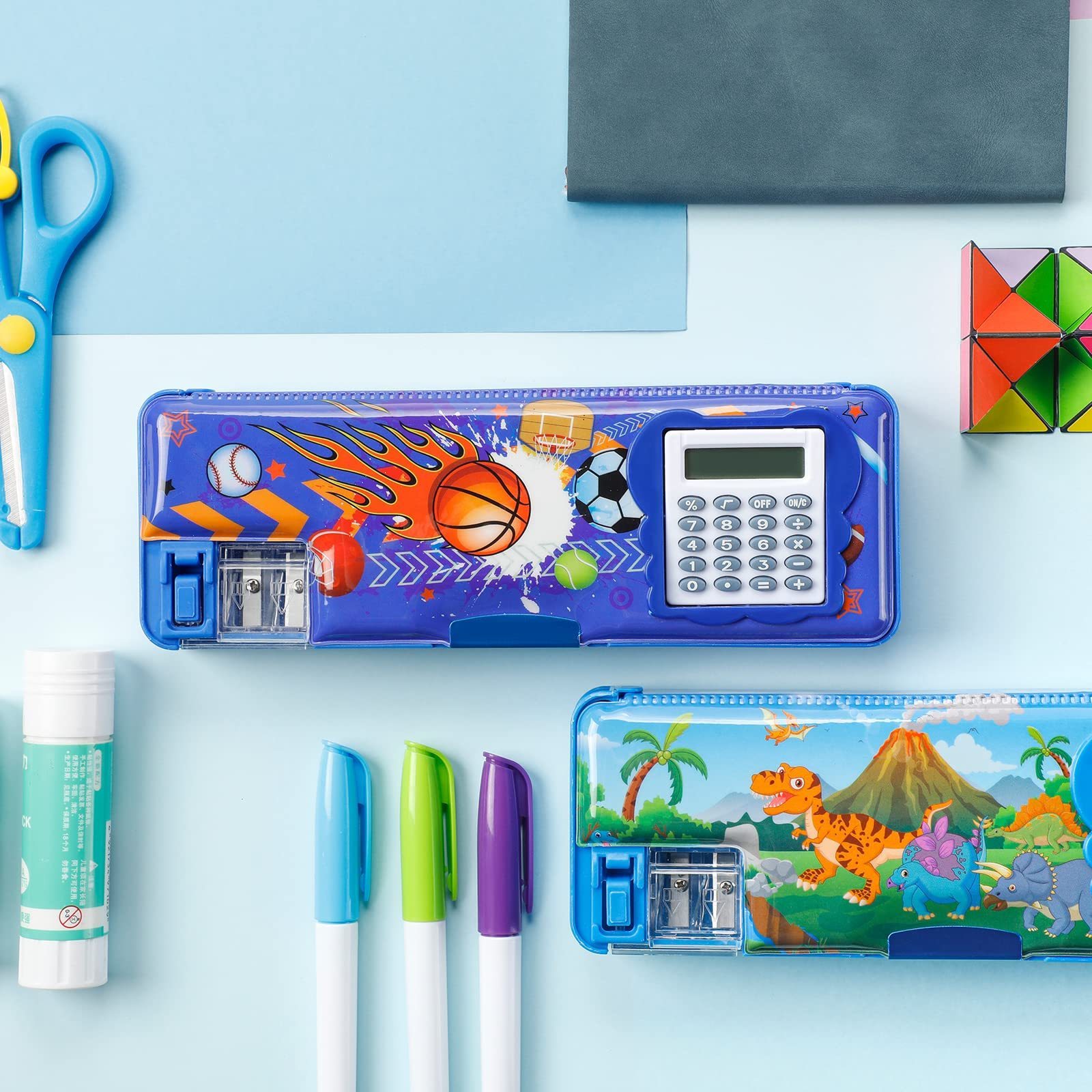 Multifunction Pencil Cases With Calculator Sharpener Box For Boys Plastic Dinosaur Stationery Organizer Box School Gift For Kids