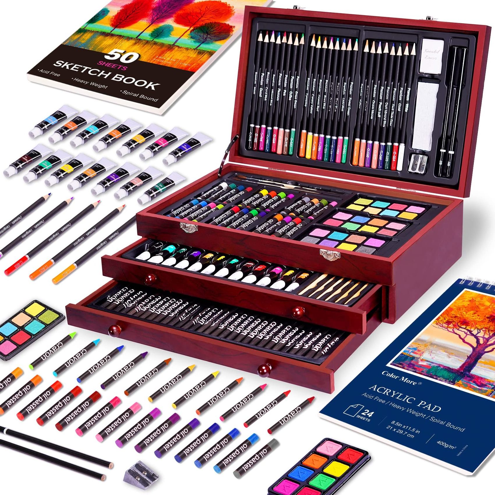 175 Pcs Deluxe Art Set With Acrylic Paints Crayons Colored Pencils Paint Set Wooden Case Professional Art Kit Micro Art Studio