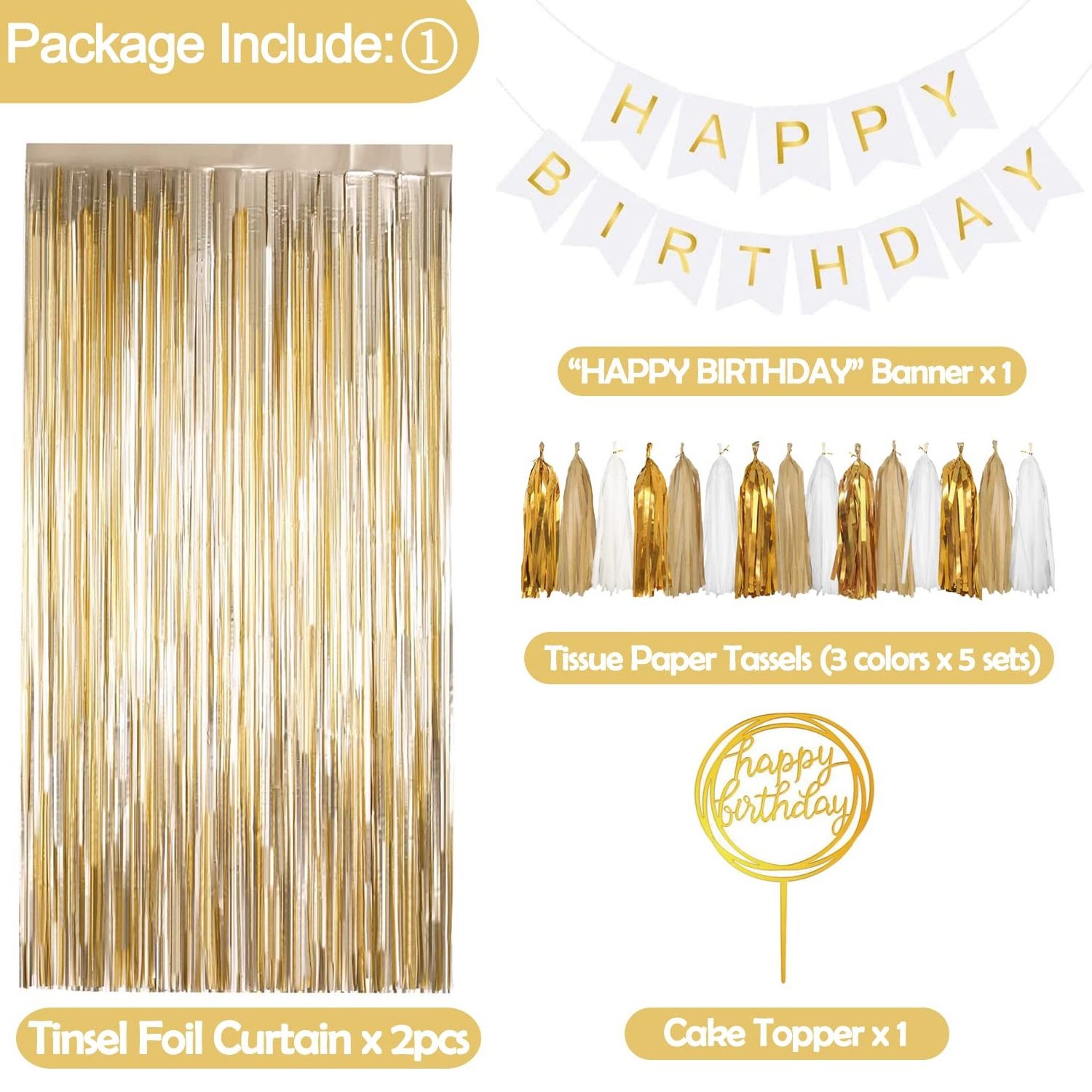 Gold Birthday Decorations Gold Party Decorations Set with Birthday Banner Confetti Balloons Gold Foil Background Tassel Garland