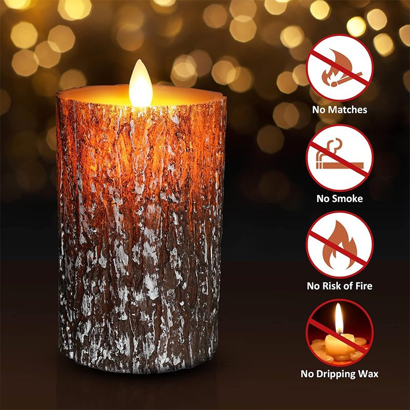 LED Flameless Candles Pine Bark Effect Battery Operated Candles with Remote Control LED Fake Candles for Wedding Decor