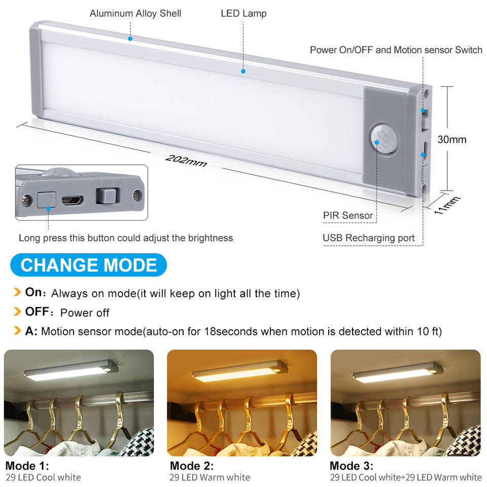 Wireless Kitchen Closet Lamp LED Usb Rechargeable Under Cabinet Light 3 Colors Motion Sensor Night Light Bar for Home Lighting