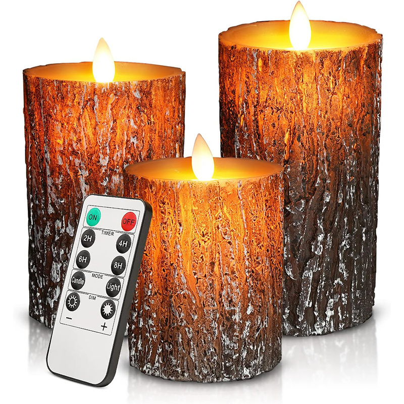 LED Flameless Candles Pine Bark Effect Battery Operated Candles with Remote Control LED Fake Candles for Wedding Decor