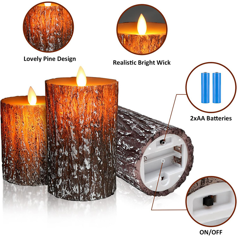 LED Flameless Candles Pine Bark Effect Battery Operated Candles with Remote Control LED Fake Candles for Wedding Decor