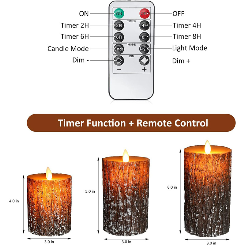 LED Flameless Candles Pine Bark Effect Battery Operated Candles with Remote Control LED Fake Candles for Wedding Decor