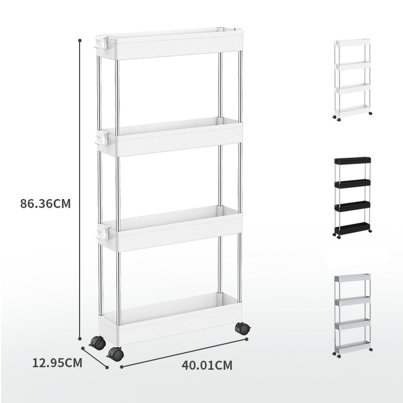 Crack narrow storage shelf floor-to-ceiling movable four-layer bathroom white trolley storage rack kitchen storage rack