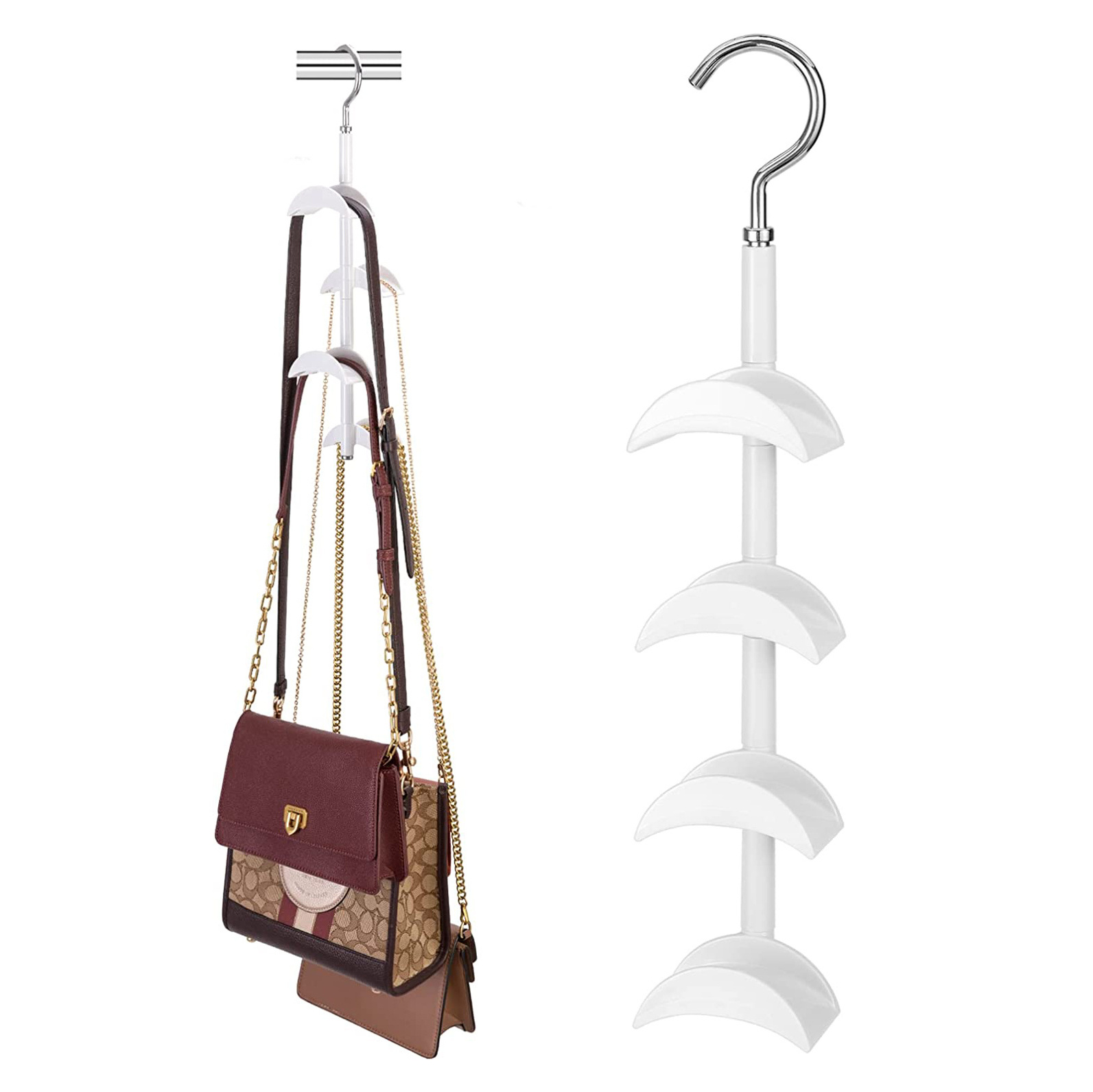 Purse Hanger for Closet Rotating Handbag Hanging Hook Bag Storage Space Saver with 4 Hooks Hanging Organizer for Scarf Handbag