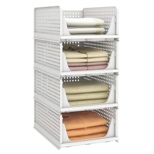 Stackable Plastic Storage Basket-Foldable Closet Organizers and Storage Bins 4 Drawer Shelf Storage Container for Wardrobe