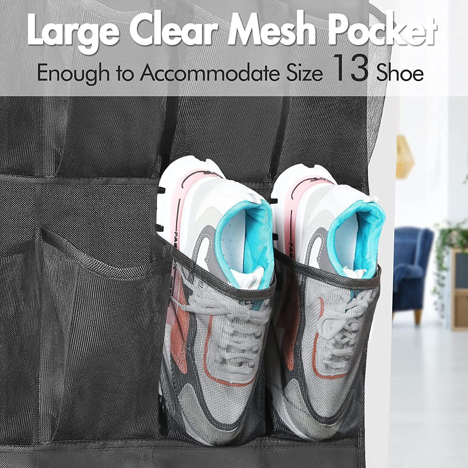 2 Pack Over The Door Shoes Organizers Behind Door Shoes Hang Holder Rack with 48 Mesh Large Pockets Clear Fabric Shoes Storage