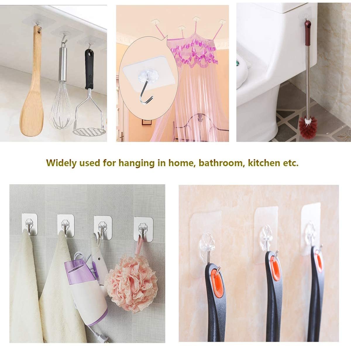 Adhesive Kitchen Wall Hooks Heavy Duty Nail Free Sticky Hangers with Stainless Utility Towel Bath Ceiling Hooks