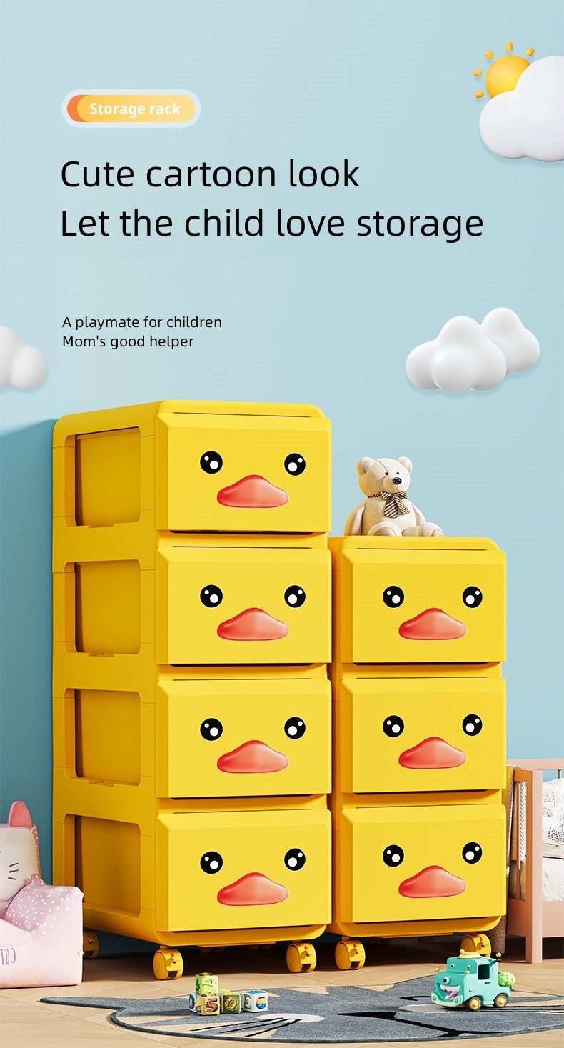 New 2023 Hot Selling Cartoon little yellow duck Plastic Baby clothes cabinet Drawer Plastic Storage With Wheels