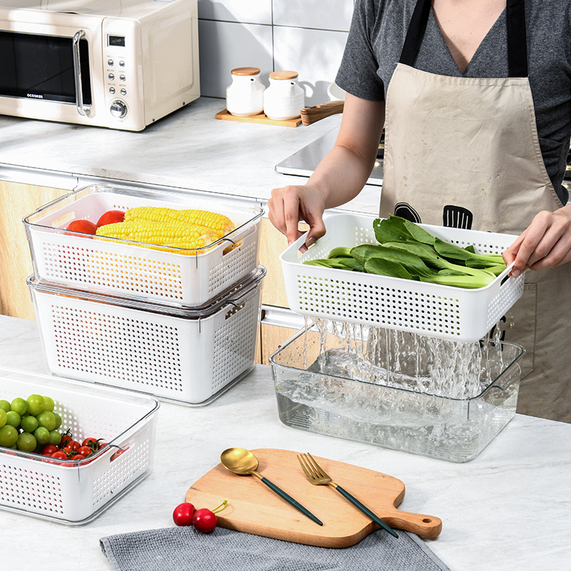 kitchen fridge organizer PET container box clear fridge organizer With drainage basket And lid