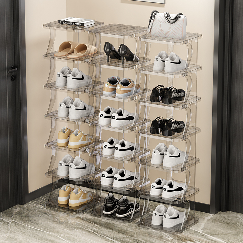 Plastic PET transparent Shoe Rack Multifunction Free Standing Shoe Shelf Foldable Shoe Rack Entryway Storage With Card Slot