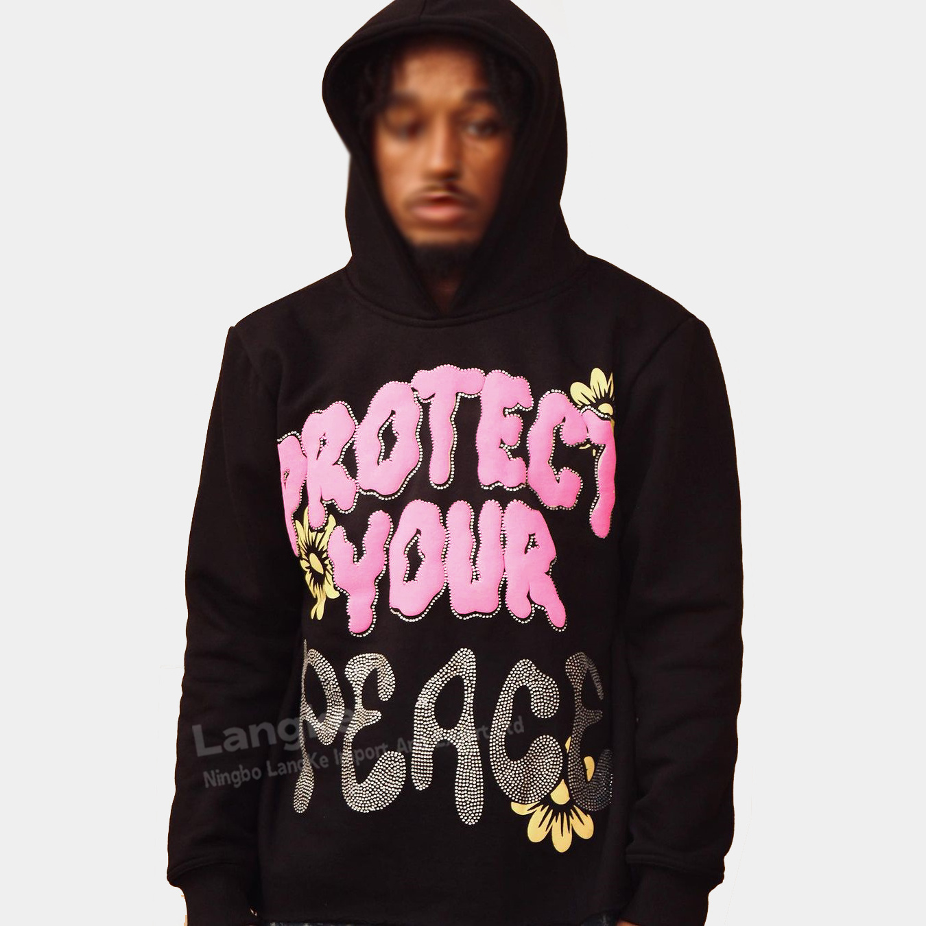 Streetwear Pullover Oversized Custom Raw Hem French Terry Cotton Puff Printing Rhinestone Hoodie Men