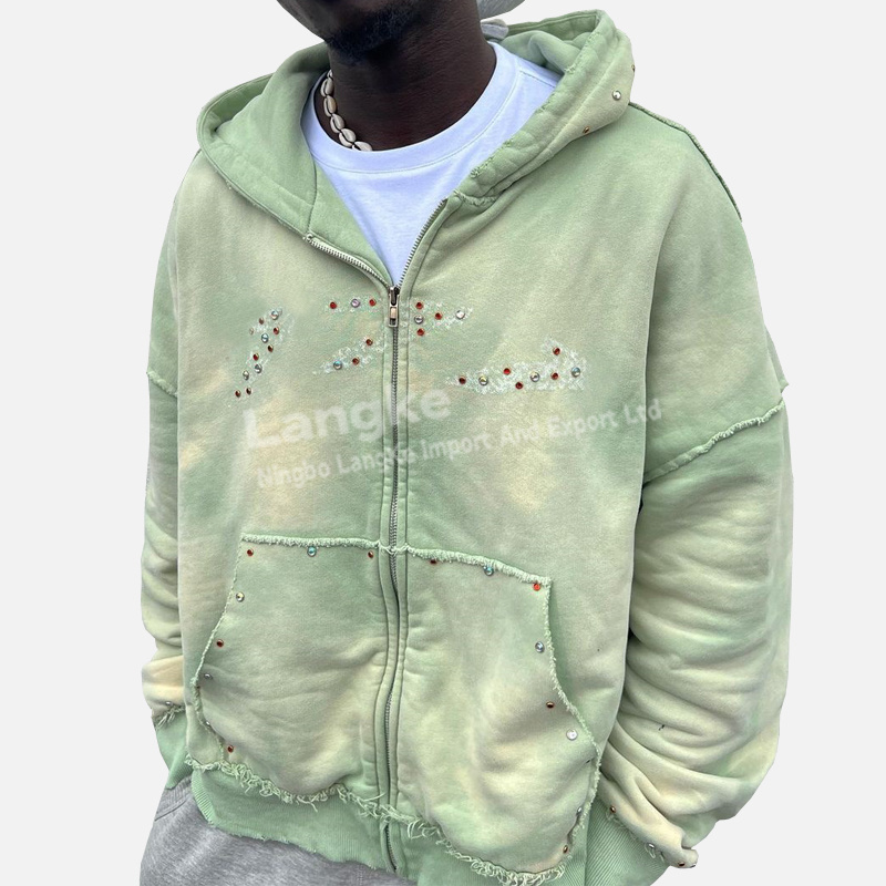 High Quality Custom Rhinestones Vintage Sun Faded Cotton Acid Wash Zip Up Distressed Hoodie