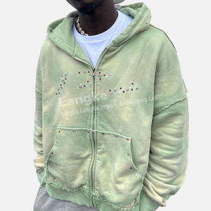 High Quality Custom Rhinestones Vintage Sun Faded Cotton Acid Wash Zip Up Distressed Hoodie