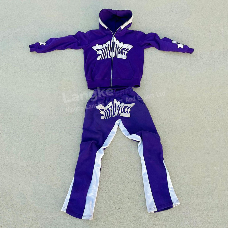 High Quality Unisex Joggers Men Cotton Fleece Oversized Custom Puff Print Full Zip Up Hoodie Flared Tracksuit Set