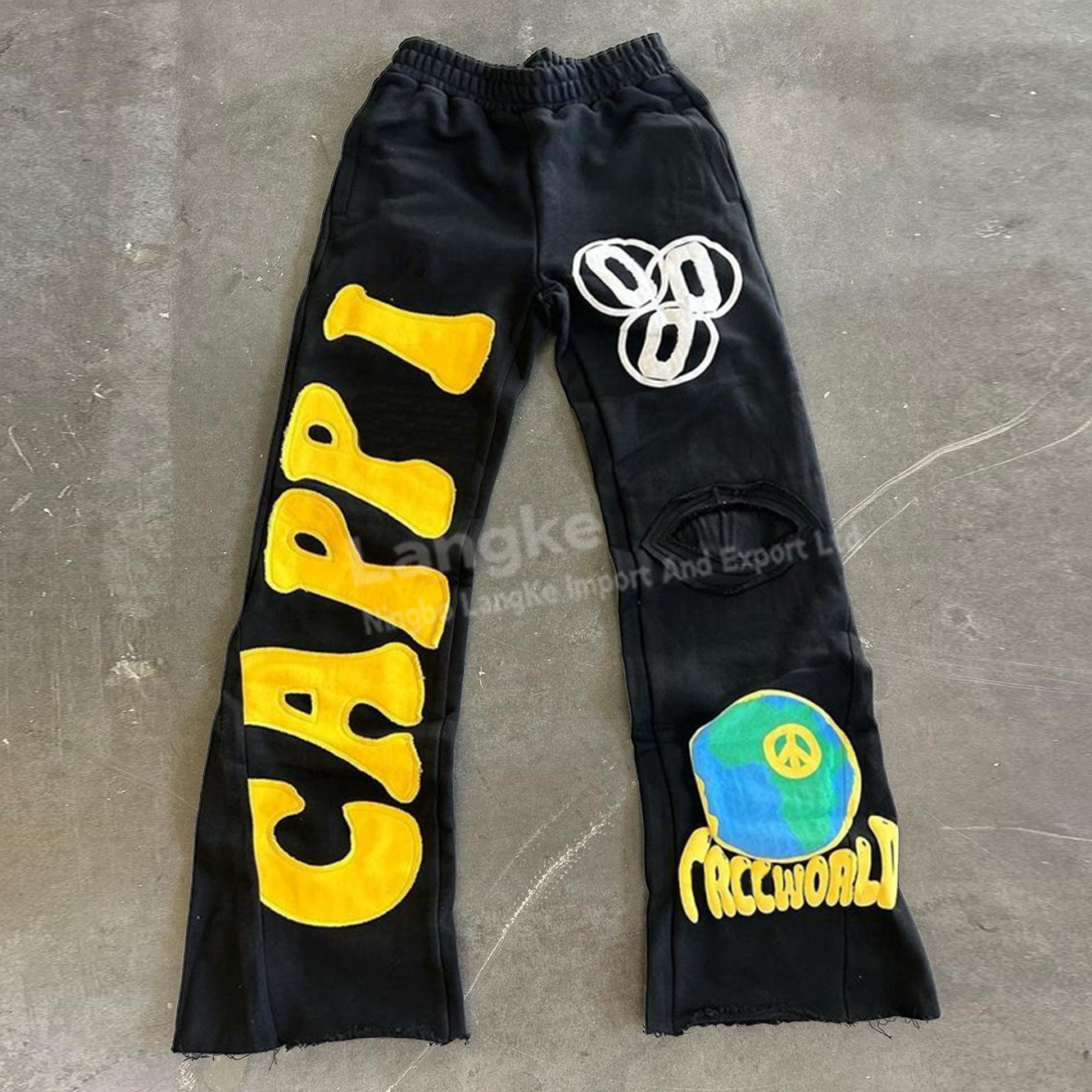 Streetwear Custom Vintage Puff Print Flared Jogger Track Pants Distressed Patch Embroidery Stacked Flare Sweatpants Men