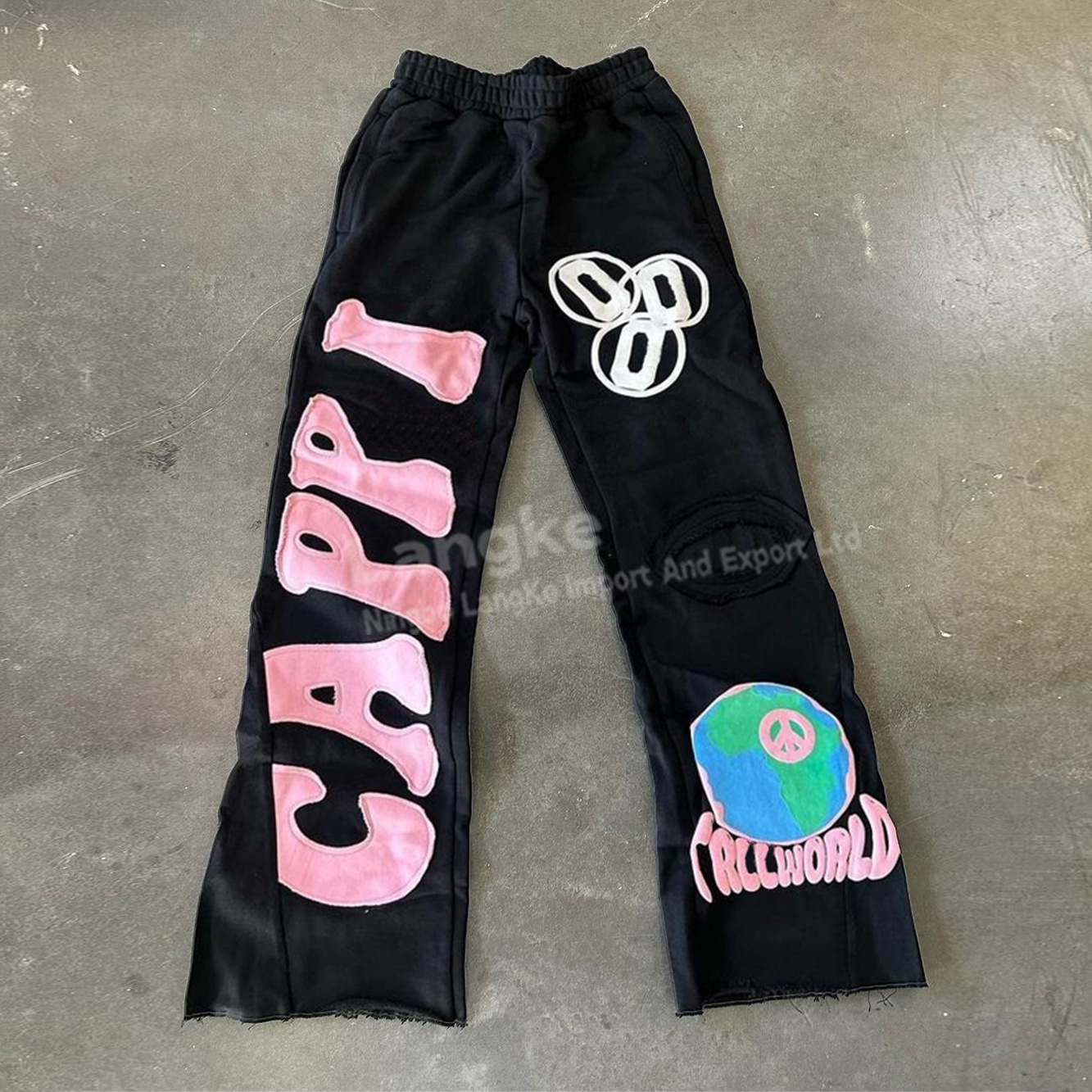 Streetwear Custom Vintage Puff Print Flared Jogger Track Pants Distressed Patch Embroidery Stacked Flare Sweatpants Men