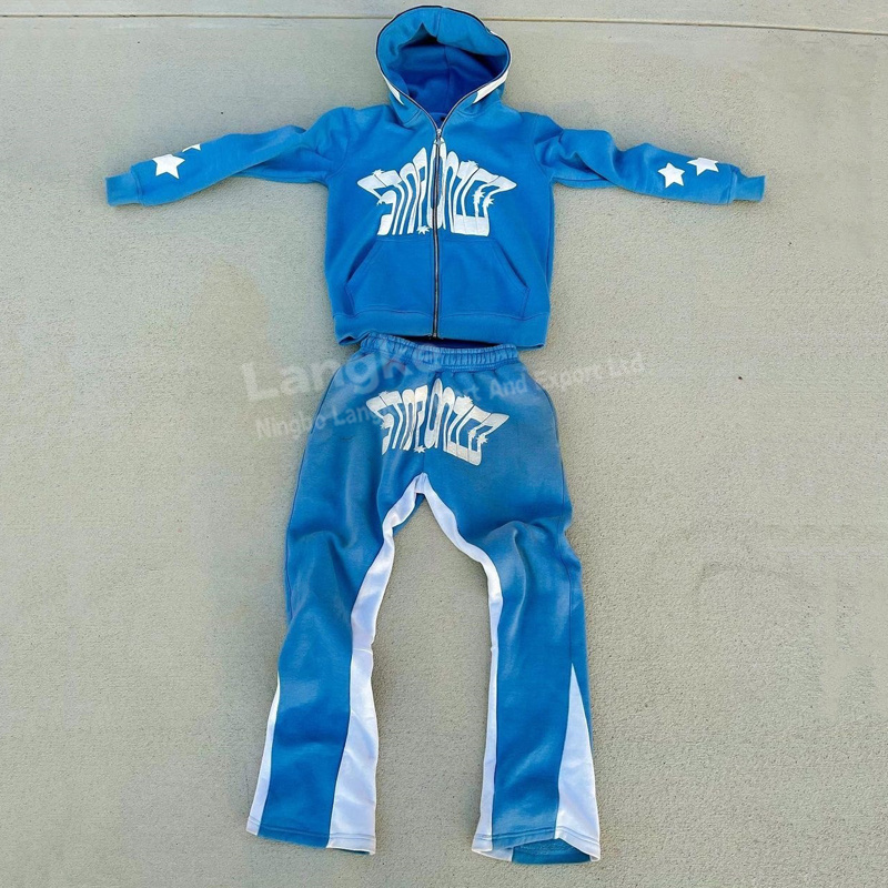 High Quality Unisex Joggers Men Cotton Fleece Oversized Custom Puff Print Full Zip Up Hoodie Flared Tracksuit Set