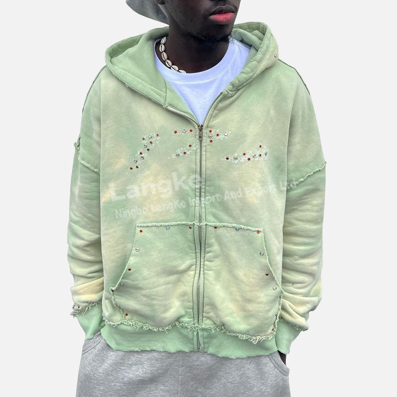 High Quality Custom Rhinestones Vintage Sun Faded Cotton Acid Wash Zip Up Distressed Hoodie